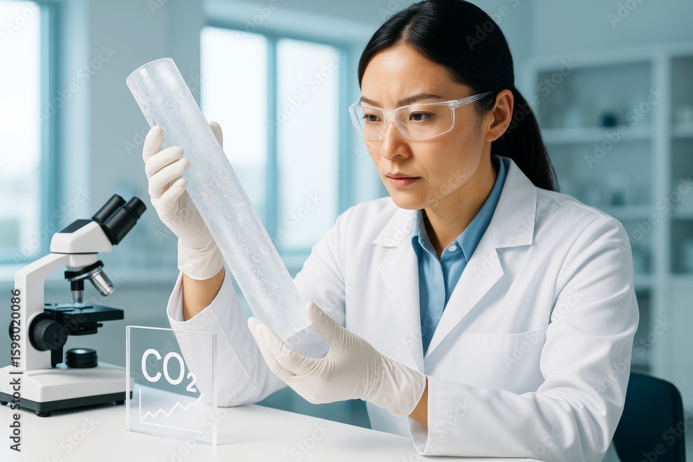 Poster female scientist examining ice core sample in laboratory with microscope and co2 data, symbolizing c