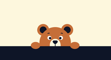 Fototapeta premium Cute brown bear peeking over a dark blue surface with a cream background overhead