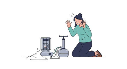 Frustrated woman attempting to repair malfunctioning heater device with pump equipment feeling overwhelmed and confused