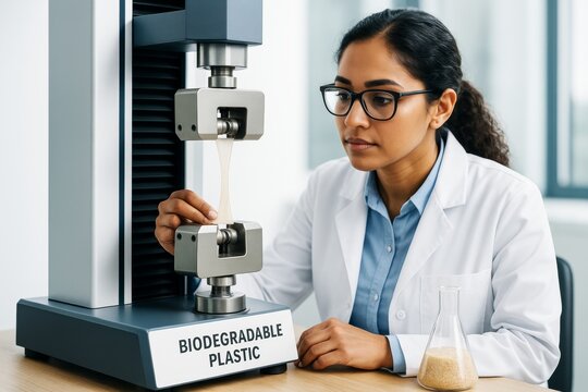 Female scientist testing biodegradable plastic sample in laboratory using tensile strength machine on light background, showcasing science innovation. Ai generative