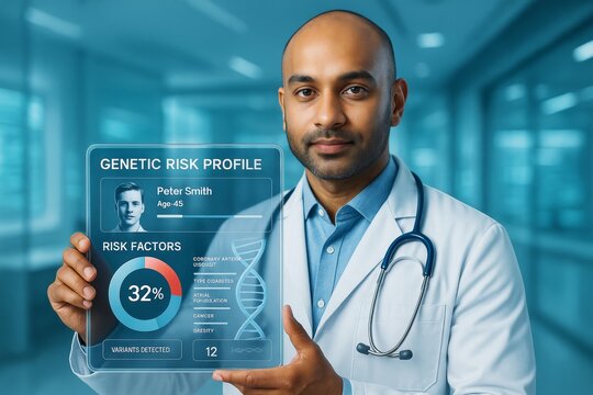 Doctor holding futuristic genetic risk profile interface with health data and DNA analysis in a science-themed light blue hospital background concept. Ai generative