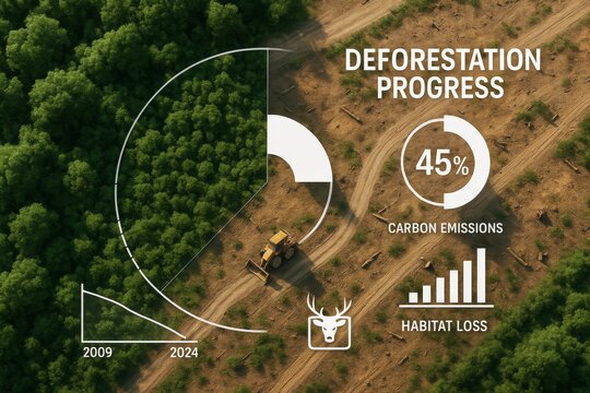 Deforestation progress infographic showing habitat loss and carbon emissions with aerial forest and cleared land background in scientific style. Ai generative - Powered by Adobe