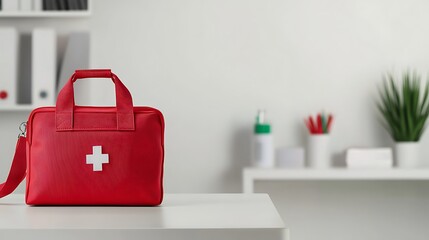 Bright red first aid kit on a clean table with office supplies and green plant in a modern workspace setting