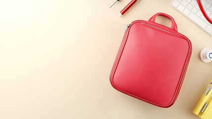 Bright Red Carrying Case on a Light Background Surrounded by Office Supplies and Stationery Items for Creative Workspace