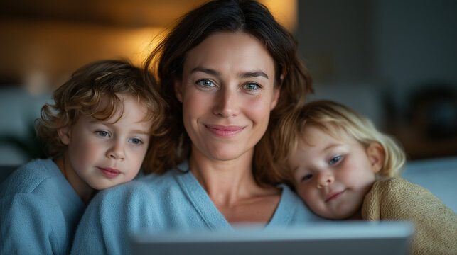 Work from Home: Mother and Toddler Cuddling at Living Room Desk
