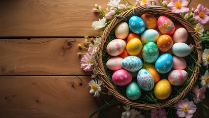 Fototapeta premium Colorful Easter eggs in a basket with flowers, on a wooden surface.