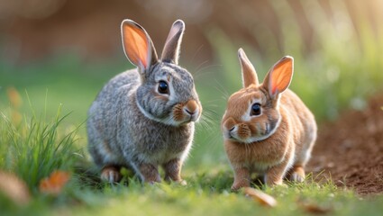 Fototapeta premium Two rabbits sitting on grass in natural light, with one gray and the other brown, during daytime. Wildlife and animals, adorable creatures. The concept of small mammals and nature.