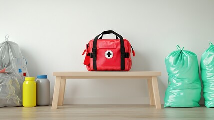 Red First Aid Bag on Wooden Bench Surrounded by Trash Bags and Containers Against Simple Wall Background