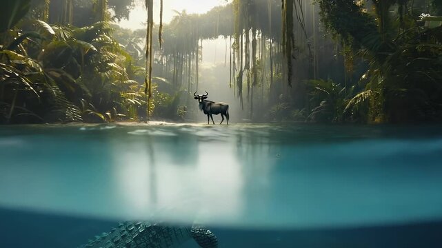 A crocodile stealthily approaches the riverbank, submerged in murky water while a wildebeest drinks nearby, oblivious to the lurking predator in the serene jungle atmosphere