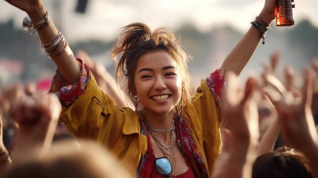 Joyful Revelation at Music Festival: An exuberant young woman raises her arms, radiating happiness amidst a crowd, the essence of music and shared experience.