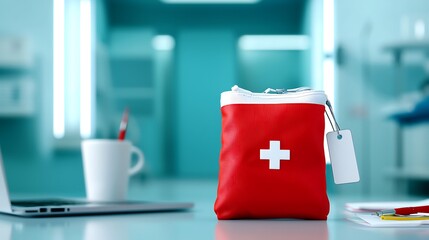 First Aid Kit on Desk in Medical Office with Laptop and Coffee Cup on Clean Surface in Bright Modern Environment