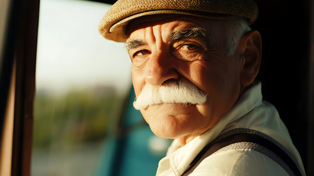 Portrait of a mature man with a mustache and cap, looking out a window. Sunlight bathes his face, highlighting his features and creating a warm atmosphere.