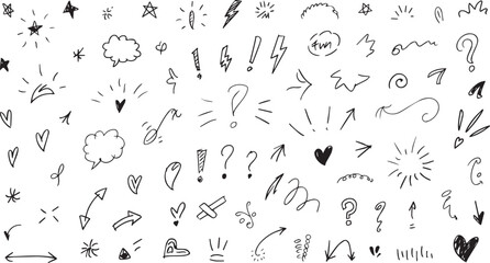 Fototapeta premium Collection of handdrawn doodle elements including stars, hearts, arrows, question marks, and exclamation points isolated on white background