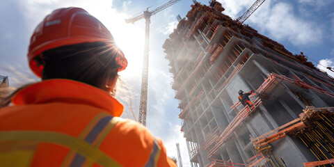Construction Worker Observing High-Rise Building Under Construction
