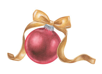 Red Christmas tree ball with golden bow. Watercolor illustration of a Xmas ornament and holiday decoration. Hand drawn vintage sketch on white isolated background. Water color painting art image