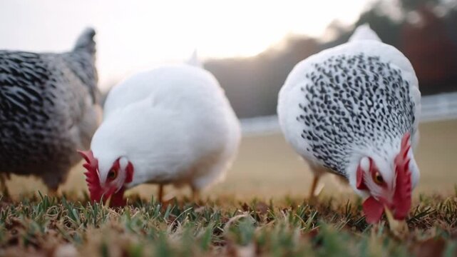 White chicken with black feathers and red comb walking on grass in rural farm outdoor nature setting showing poultry bird and peaceful animal close up in soft daylight atmosphere