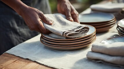 Hand setting table with ceramic plates and linen napkins