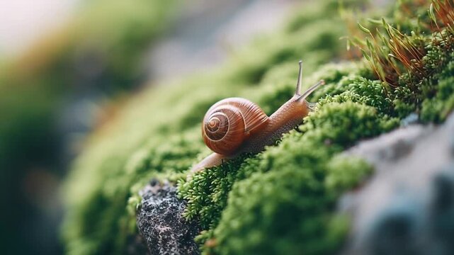 Small brown snail with spiral shell slowly crawls over vibrant green moss on rock close up showing nature&rsquo;s slow peaceful movement and detailed shell texture in soft natural light