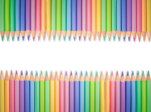Pastel pencils border with copy space. A clean rainbow colors vibrant background with two rows of colorful pastel pencils forming a symmetrical border. Space for your text or design elements.