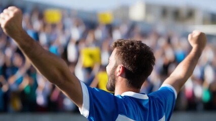 Triumphant Moment in the Arena: A sports champion stands proudly, arms raised high in a moment of pure triumph, with the energy of a roaring crowd filling the air. 