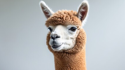 Obraz premium A close-up of a llama with fluffy brown fur and a curious expression.