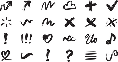 Handdrawn doodle elements including arrows, clouds, plus signs, check marks, stars, hearts, and musical notes isolated on white background
