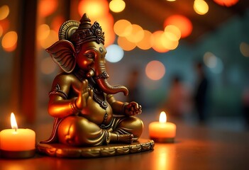 Fototapeta premium Golden Ganesha with Warm Candlelight Aura