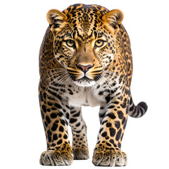 Leopard walking forward with intense gaze isolated on transparent background