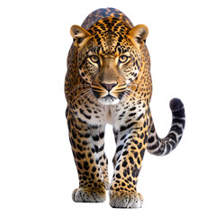 Leopard walking forward looking at camera isolated on transparent background