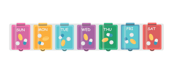 A weekly pill organizer with colorful containers for each day, a medication intake.