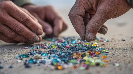 Closeup shot of volunteers engaged in beach cleanup meticulously categorizing tiny microplastics by hue and dimension. The vibrant colors of the collected debris contrast against the