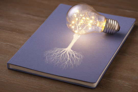 Blue notebook root imprint light bulb glowing creativity wooden table inspiration idea cover design. blue notebook with root imprint and glowing light bulb wooden table symbolizing creativity