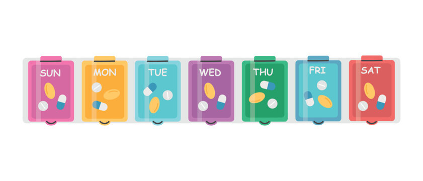 A weekly pill organizer with colorful containers for each day, a medication intake.