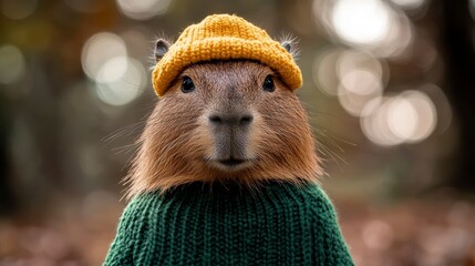 Capybara wearing a yellow beanie and green sweater in autumn.