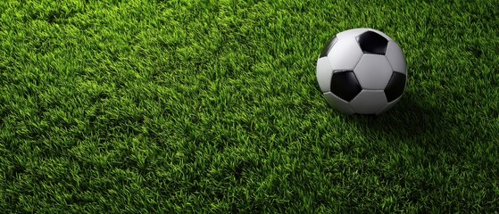 The soccer ball resting on vibrant green grass in a sunny setting.