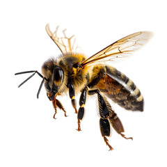 Detailed close up of a honey bee in flight isolated on transparent background