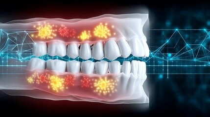 Digital Illustration of Healthy and Infected Teeth with Bacteria in a Modern Sci-Fi Style Background for Medical Use