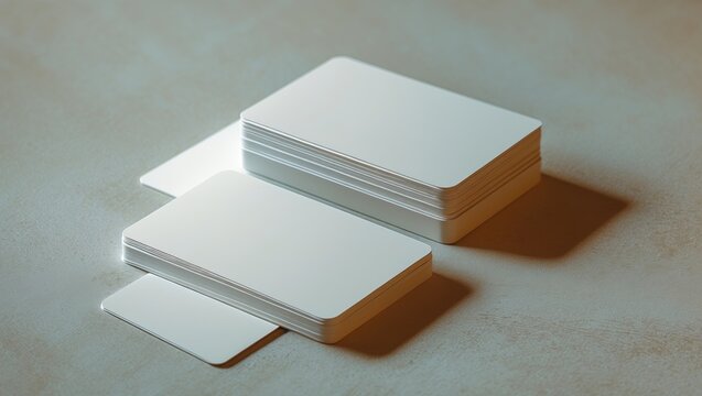 Stacks of blank white cards or flashcards placed on a surface.