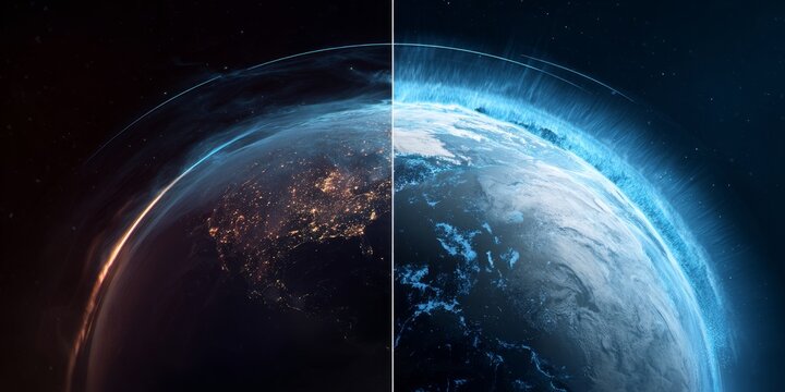 Digital graphic of ozone layer depleting and recovering over time, split screen concept, global warming theme