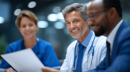 Multidisciplinary doctors collaborating on patient care in clinic