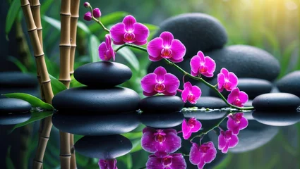 Keuken achterwand Spa Purple orchids with black stones and bamboo on water surface, zen garden, calmness, tranquility, relaxation, minimalism, spa, soothing nature scene  © Lasvu