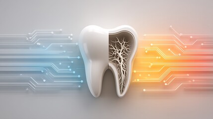 Modern dental technology concept displaying a digitally rendered tooth structure and intricate root system with futuristic design
