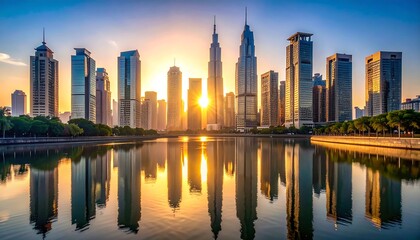 Fototapeta premium City Skyline Reflection at Sunrise with Modern Architecture