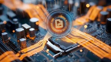 A futuristic circuit board with an illuminated file icon, showcasing data processing and technology. Orange and blue accents create a digital glow - Powered by Adobe