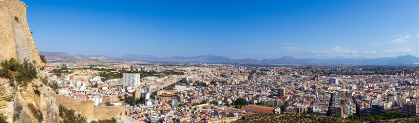 A panoramic view of the vibrant city of Alicante, Spain, showcasing a blend of modern architecture...