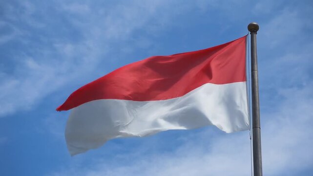 Flag of Indonesia Waving Against a Blue Sky