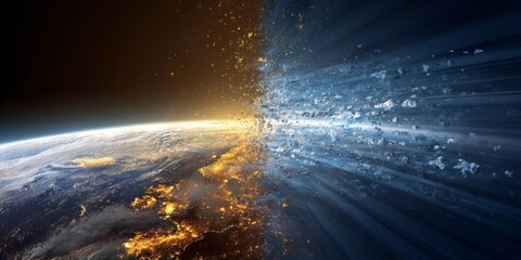 Digital graphic of ozone layer depleting and recovering over time, split screen concept, global warming theme