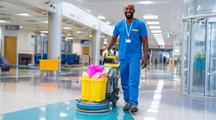 Professional janitor cleaning hospital hallway with machine during daytime