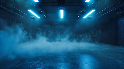 Blue cement floor in a studio room with smoke and spotlights creates a digital future atmosphere.