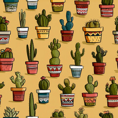 Mexican Cactus Pattern – Seamless Vector Design with Colorful Potted Cacti
